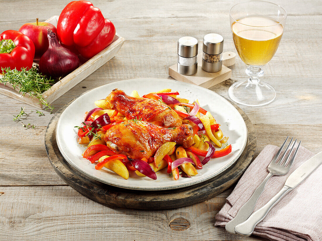 Oven-baked chicken drumsticks with potato noodles and peppers