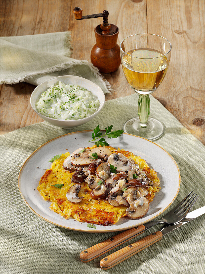 Mozzarella-Rösti mit Pilzragout und Gurkensalat