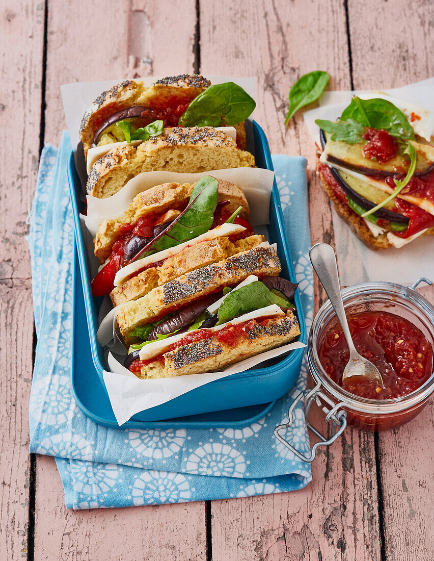 Sandwich with roasted eggplant and feta