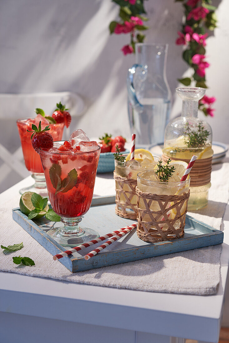 Lemon and thyme lemonade, strawberry ouzo cooler