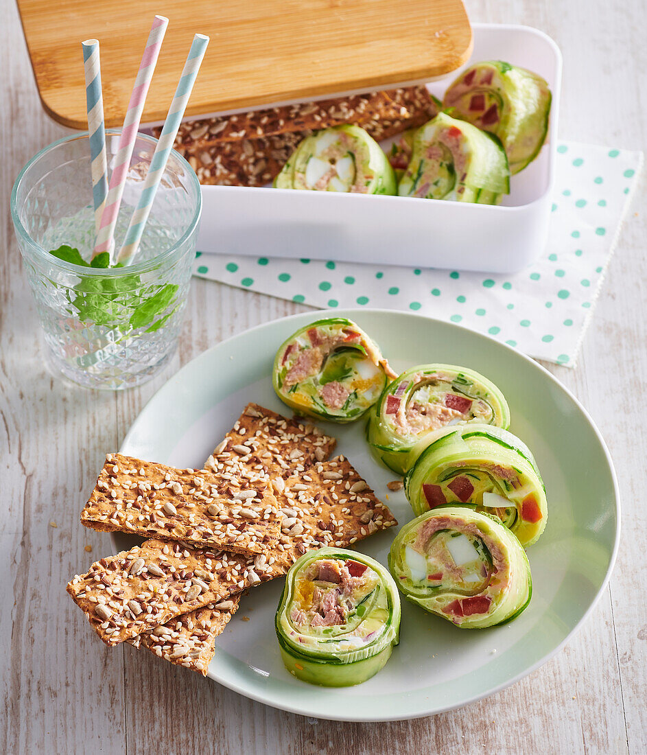 Cucumber roll ups with tuna and egg
