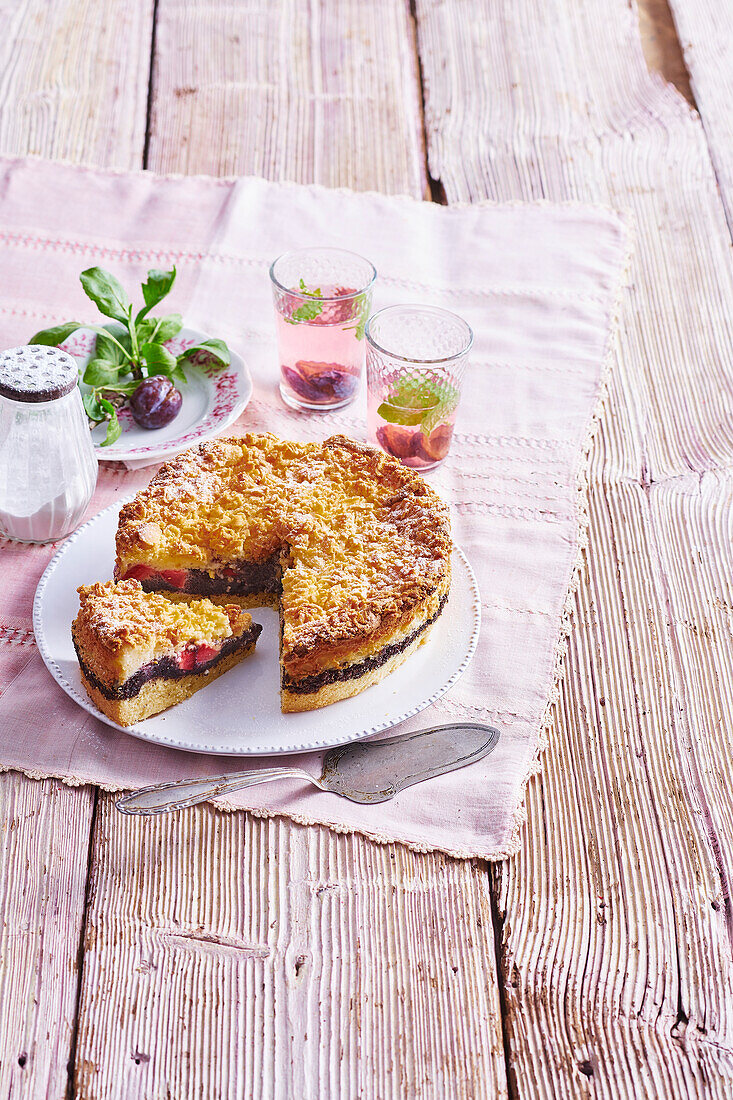 Plum cake with poppy seeds and lemon mousse