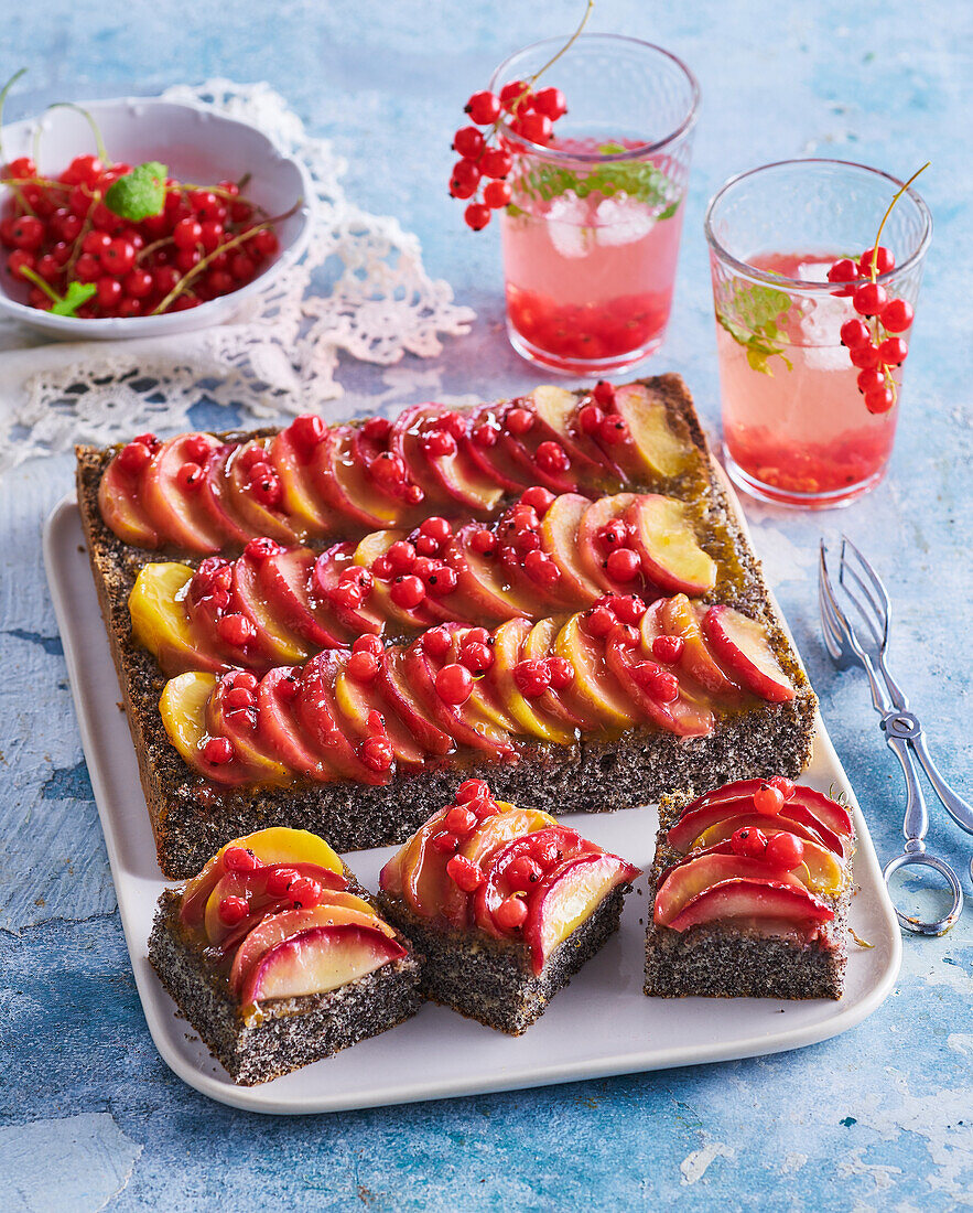 Mohn-Blechkuchen mit Äpfeln und roten Johannisbeeren