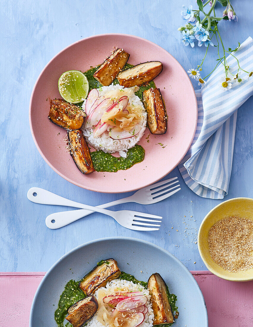 Vegan roasted Asian eggplants with coriander pesto