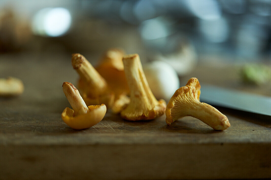 Chanterelles on a wooden board