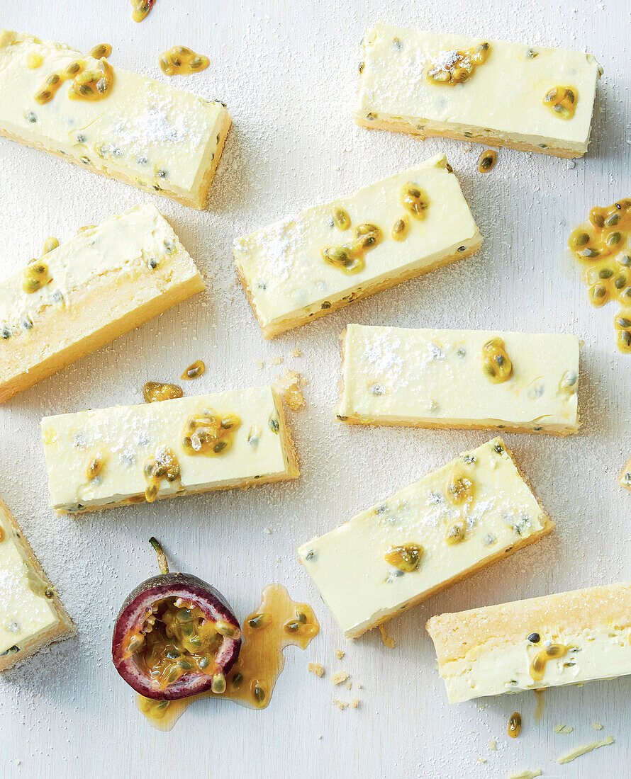 Passion fruit and sour cream cheesecake slices
