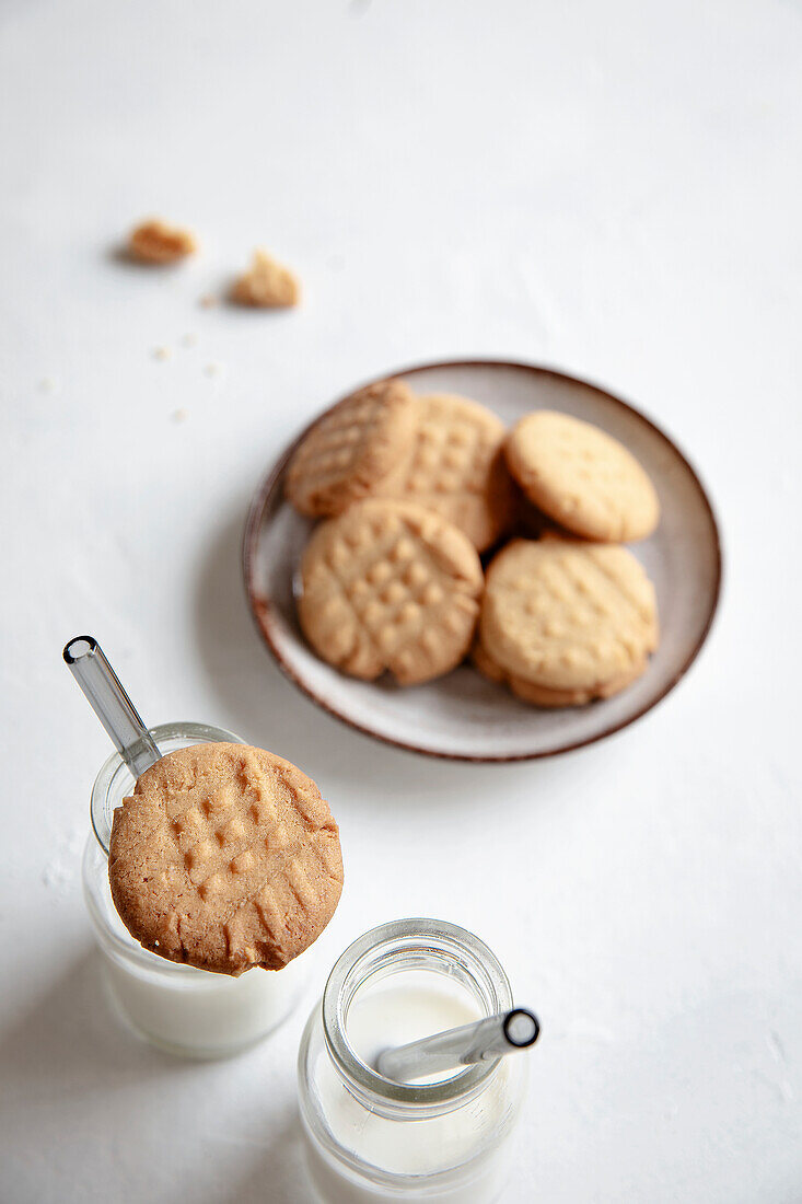 Peanut butter cookies on a milk bottle