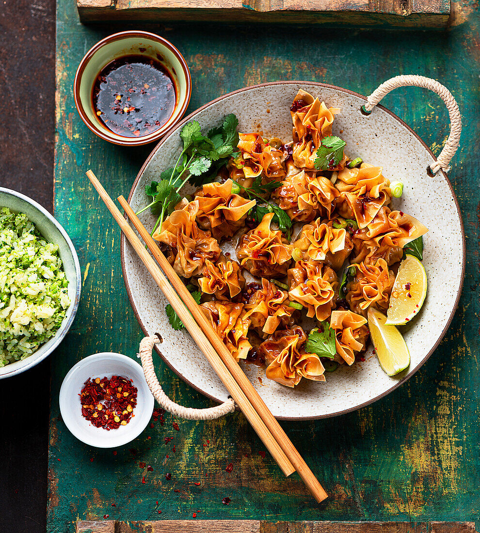 Chinese dumplings with broccoli rice