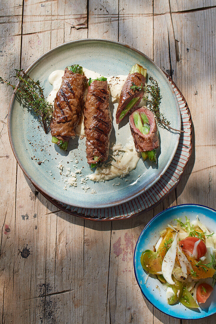 Beef rump involtini with spring onions