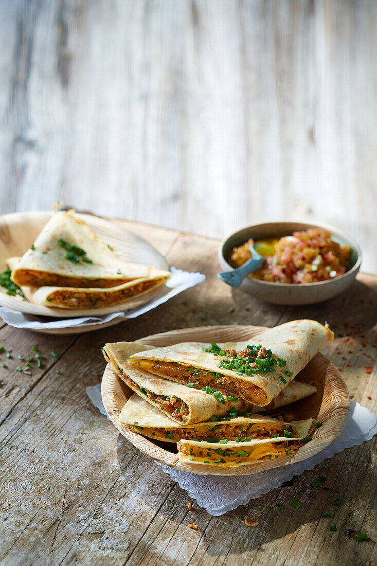 Grilled quesadillas with tomato and apricot salsa