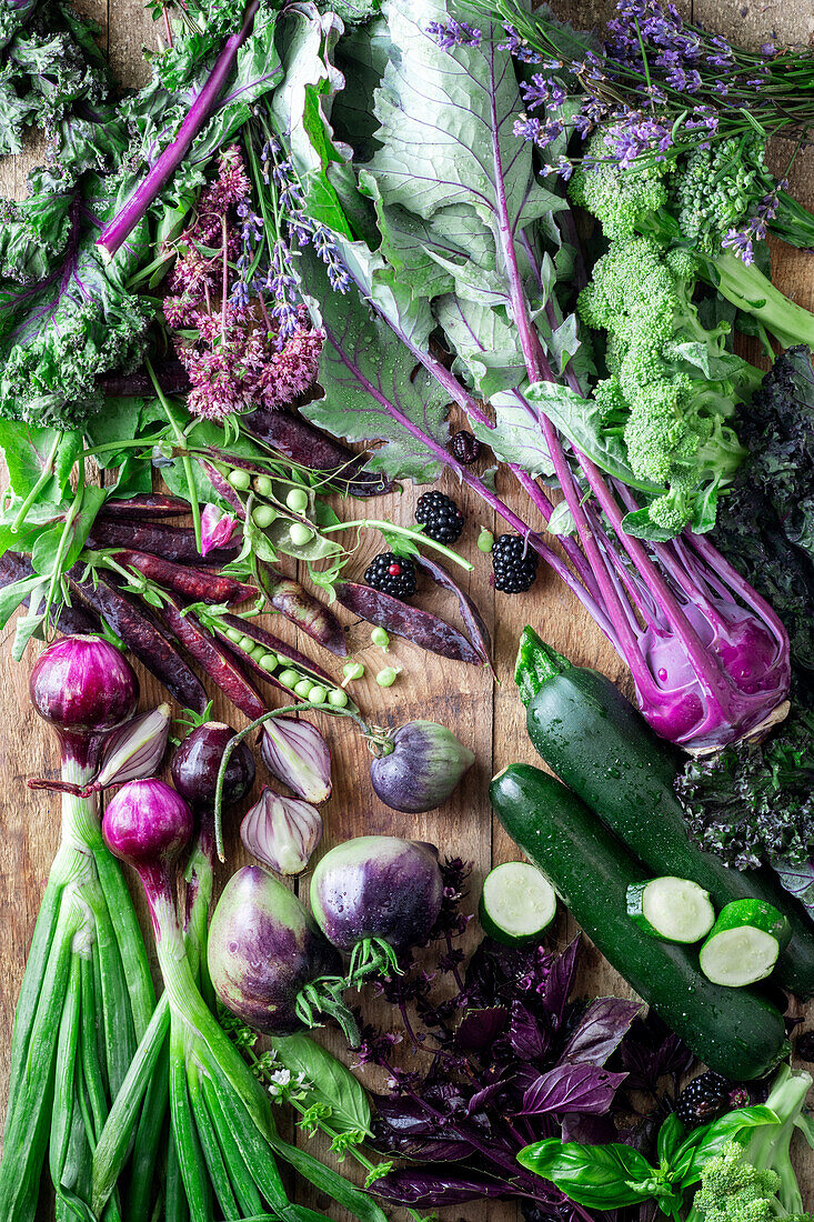 Still life of purple and green vegetables