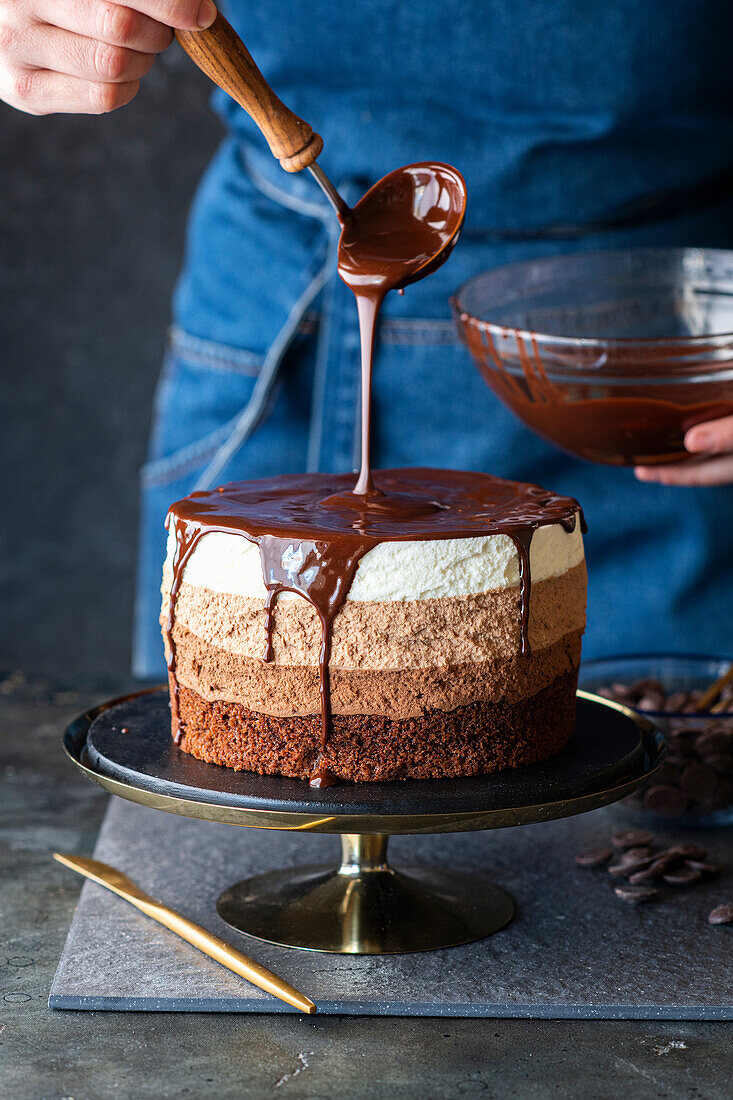 Dreischichtige Schokoladenmousse-Torte