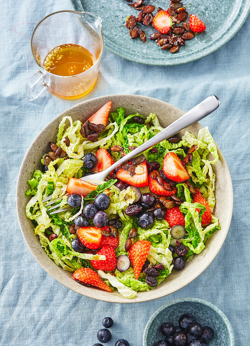 Strawberry and savoy cabbage salad with blueberries