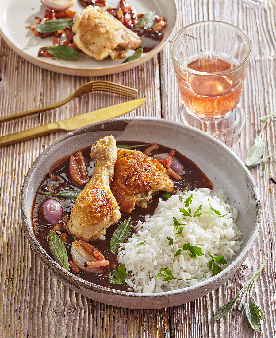 Roast chicken with plum sauce and rice