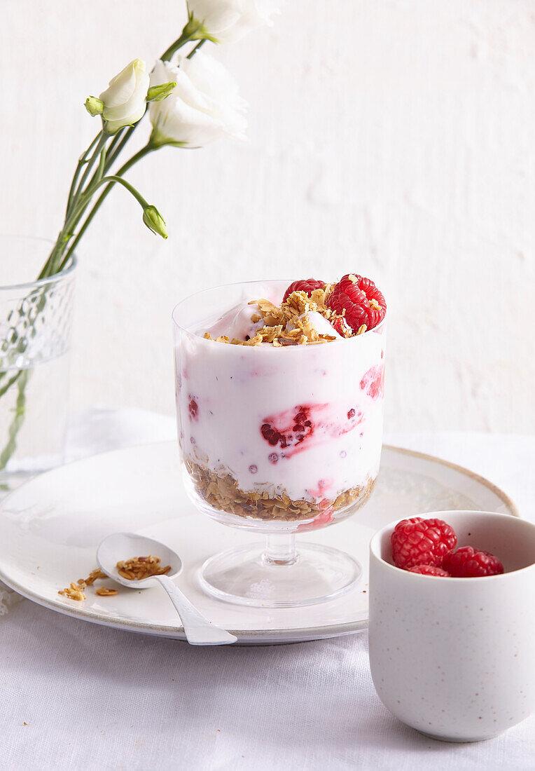 Raspberry yogurt with honey oat flakes