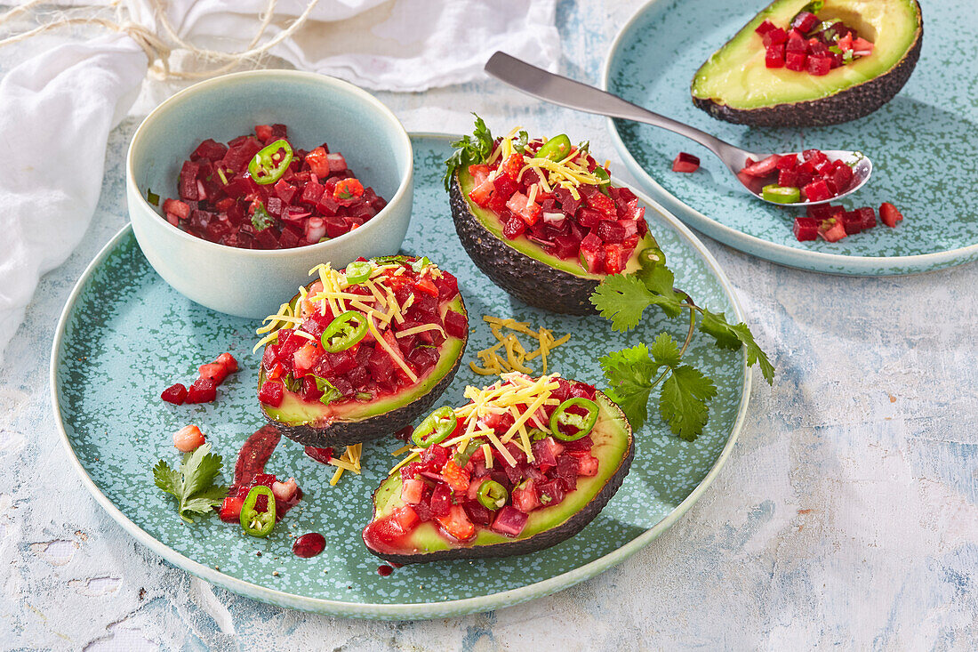 Avocados filled with beetroot salsa