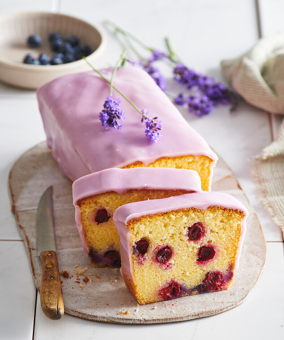 Blueberry loaf cake with lavender icing