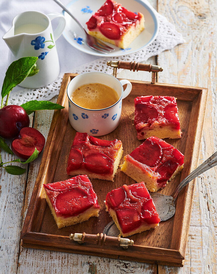 Upside down sheet cake with plums and caramel