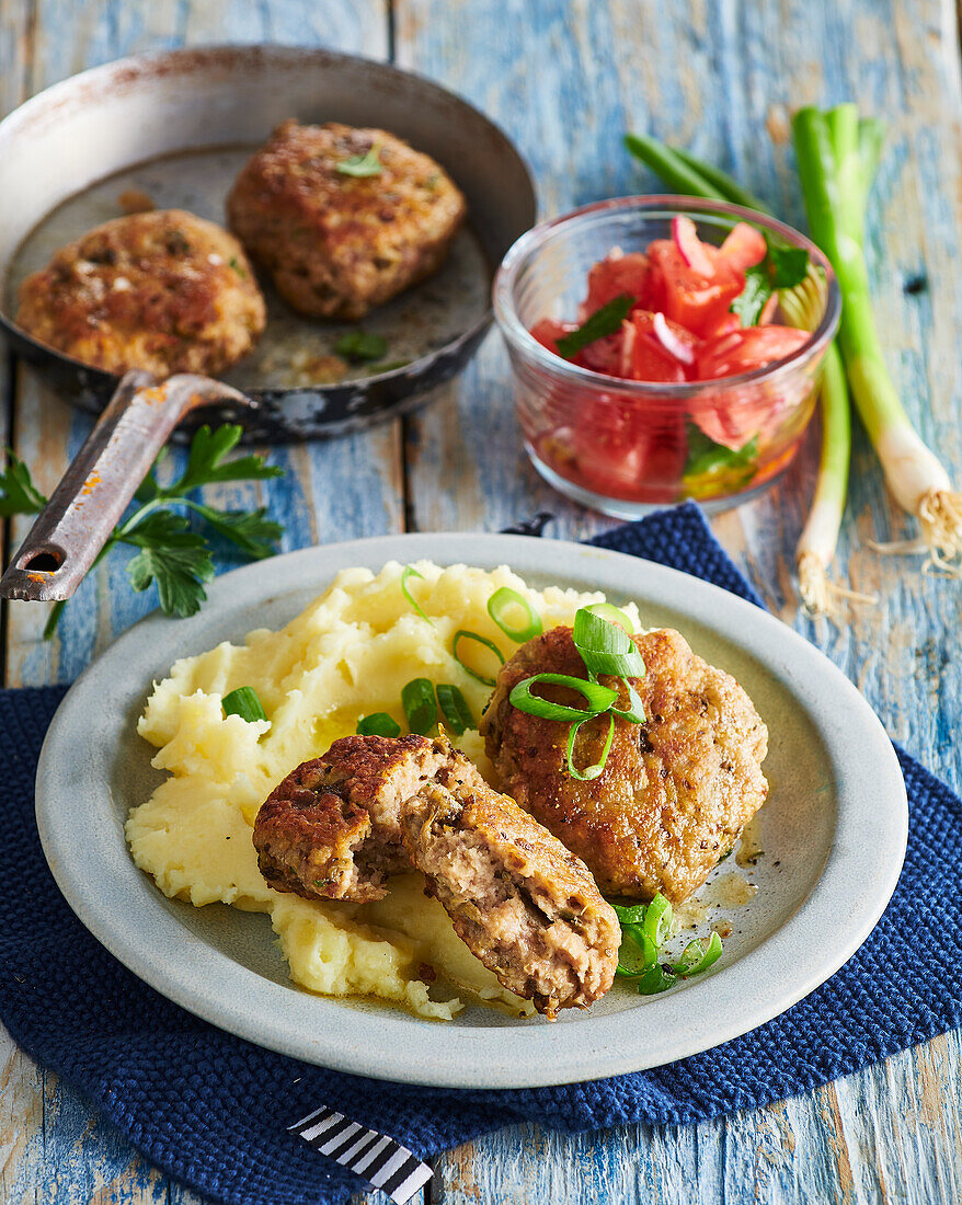 Veal and eggplant meatballs with mashed potatoes