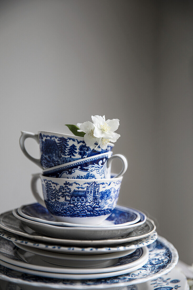 Blau-weißes Gechirr mit Jasminblüten