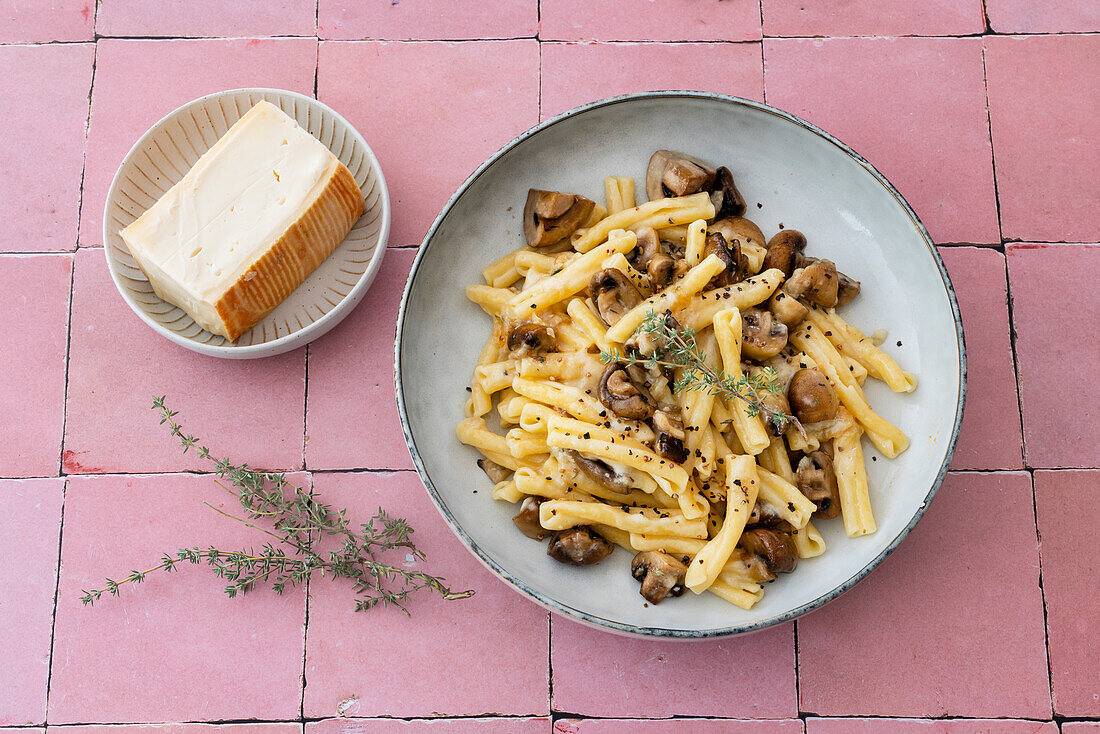 Casarecce with baked taleggio, thyme and mushrooms (vegetarian)