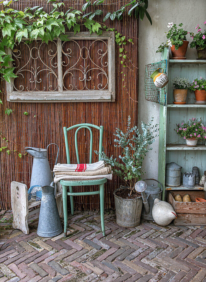 Gemütliche Gartenecke mit Pflanzregal, Gießkannen und Vintage-Stuhl