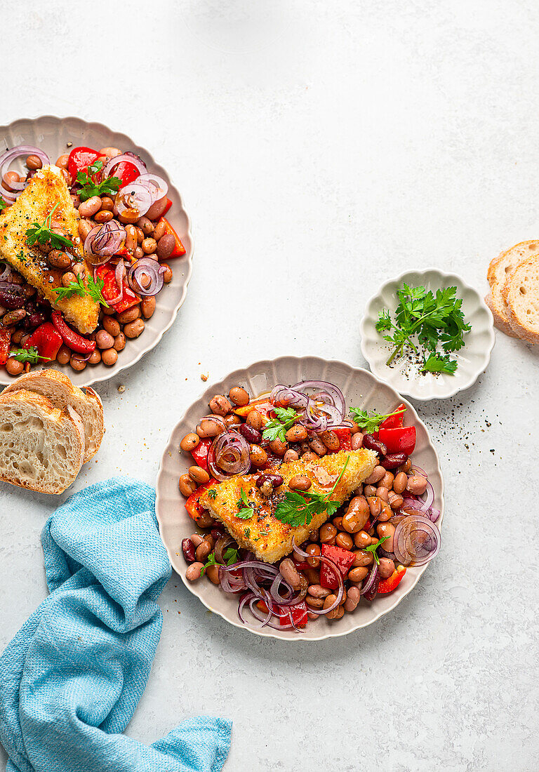 Crispy feta with Greek-style beans