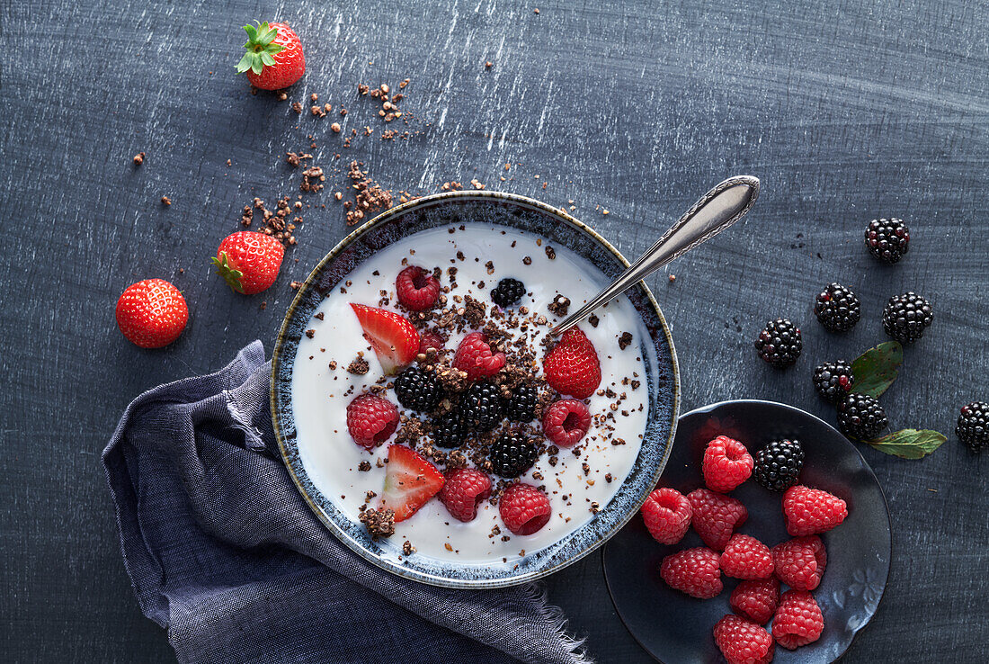 Yoghurt dessert with berries and chocolate granola