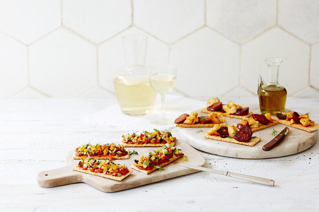 Crackers with chopped vegetables, chorizo and cod