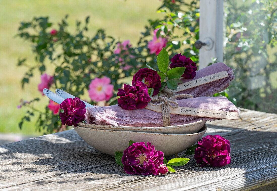 Lila Blüten der Gallicarose (Rosa gallica) 'Tuscany' auf gedecktem Tisch mit Namensschilder