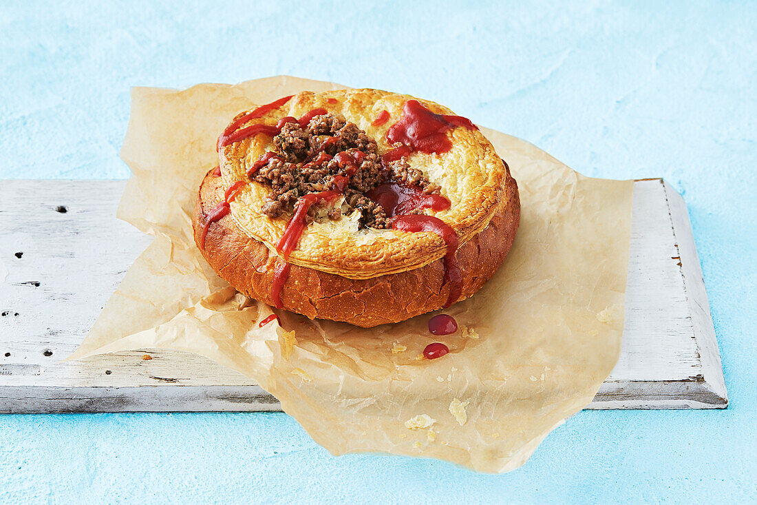 Meat pie in bread baked with cheese