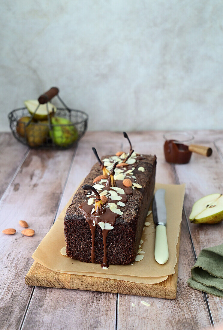 Almond chocolate cake with pears