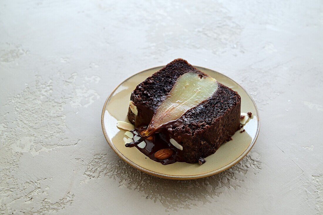 Almond and chocolate cake with pears