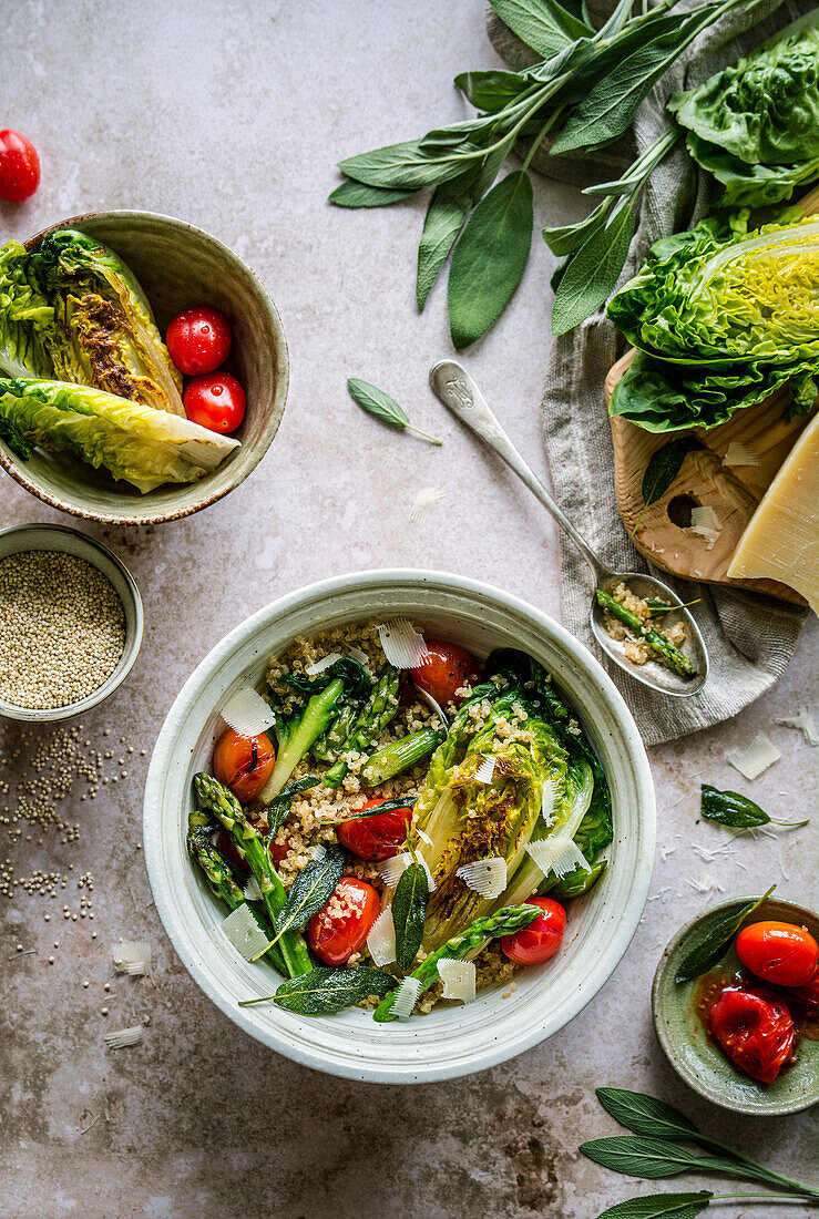 Quinoa salad with green asparagus and roasted romaine