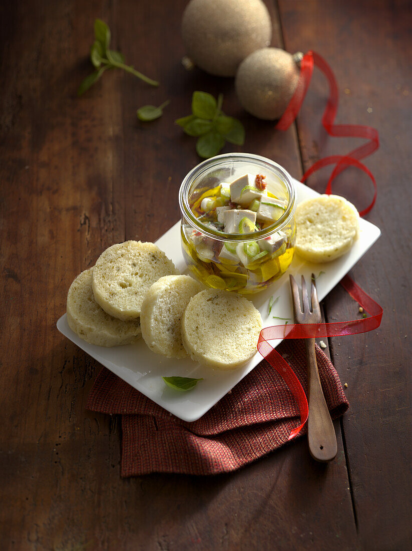 Marinated tofu with herb bread