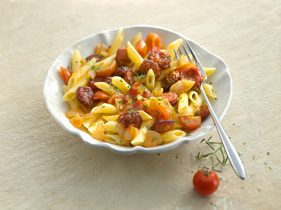 Penne with chorizo, tomatoes and onions