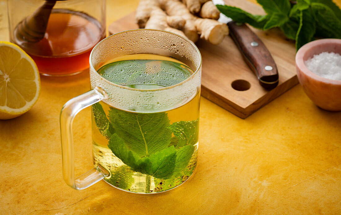 Ayurvedic energy drink with ginger, mint, honey and lemon