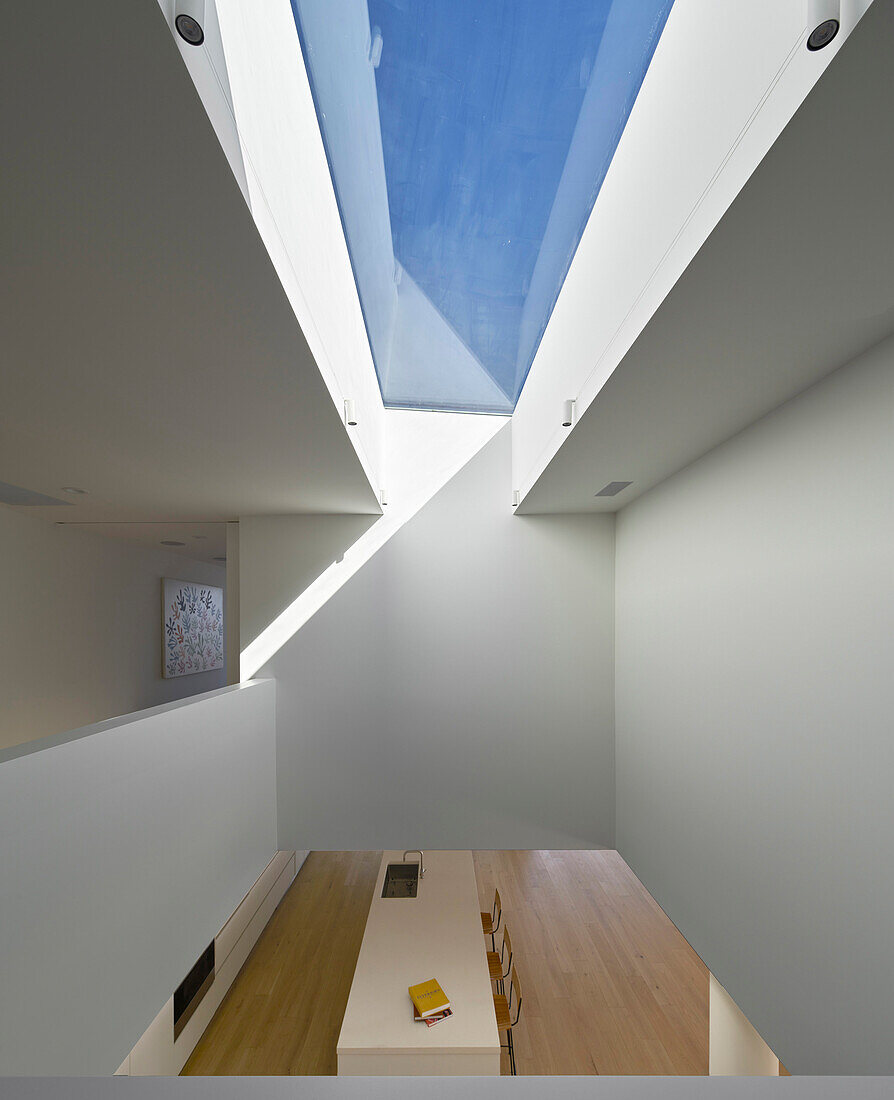 Interior view down to 1st floor of elegant kitchen counter