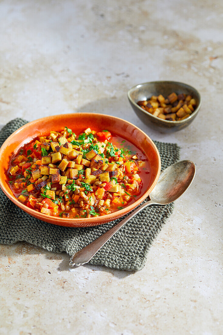 Vegetarian lentil stew with smoked tofu
