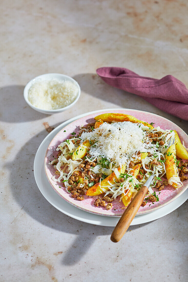 Schupfnudel-Sauerkraut-Pfanne mit Sonnenblumenhack