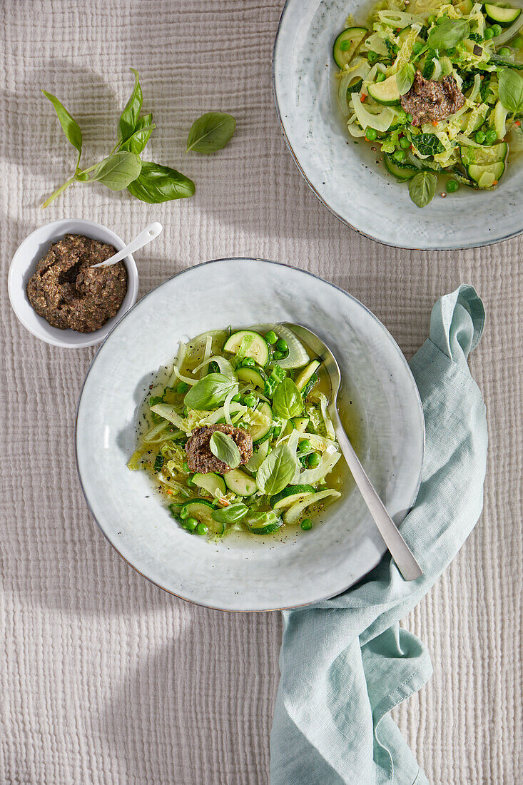 Green minestrone with olive pesto