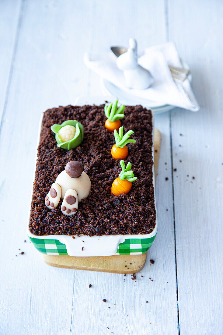 Easter tiramisu with marzipan carrots and a diving Easter bunny