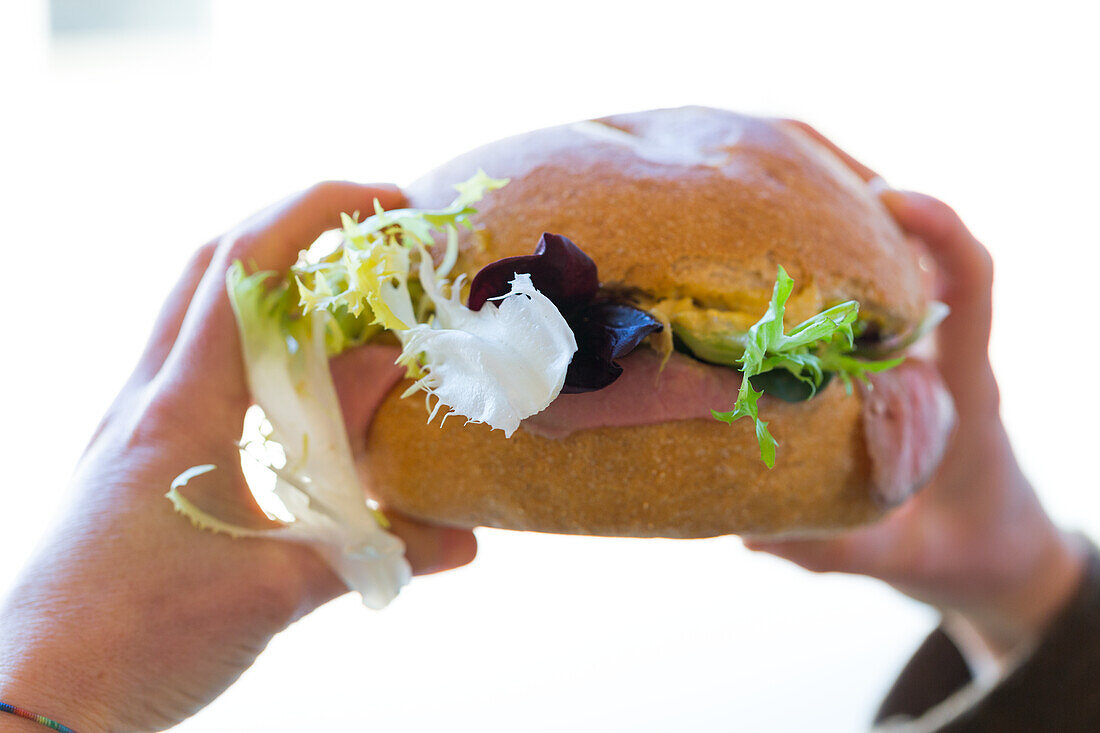 Roast beef sandwich with salad and tartar sauce