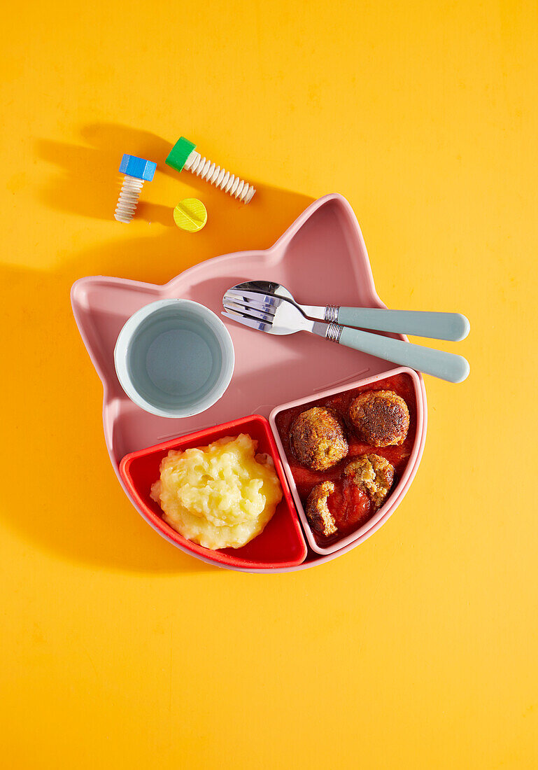 Lentil patties with tomato sauce and mashed potato on child's plate