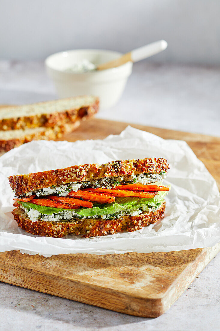 Vegetarian pumpkin and feta sandwich