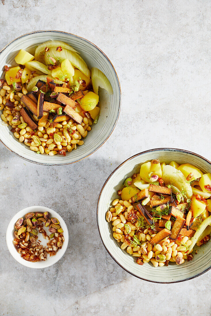 Fennel and soya bean bowl with smoked tofu, dates and pistachios