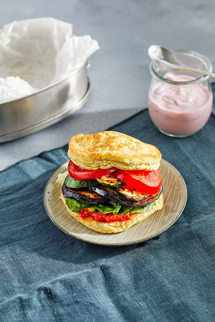 Protein burger with vegetables and ajvar