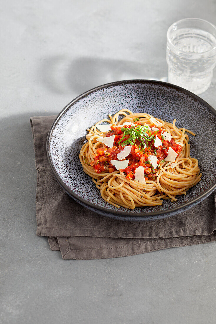Spaghetti with vegetarian lentil bolognese