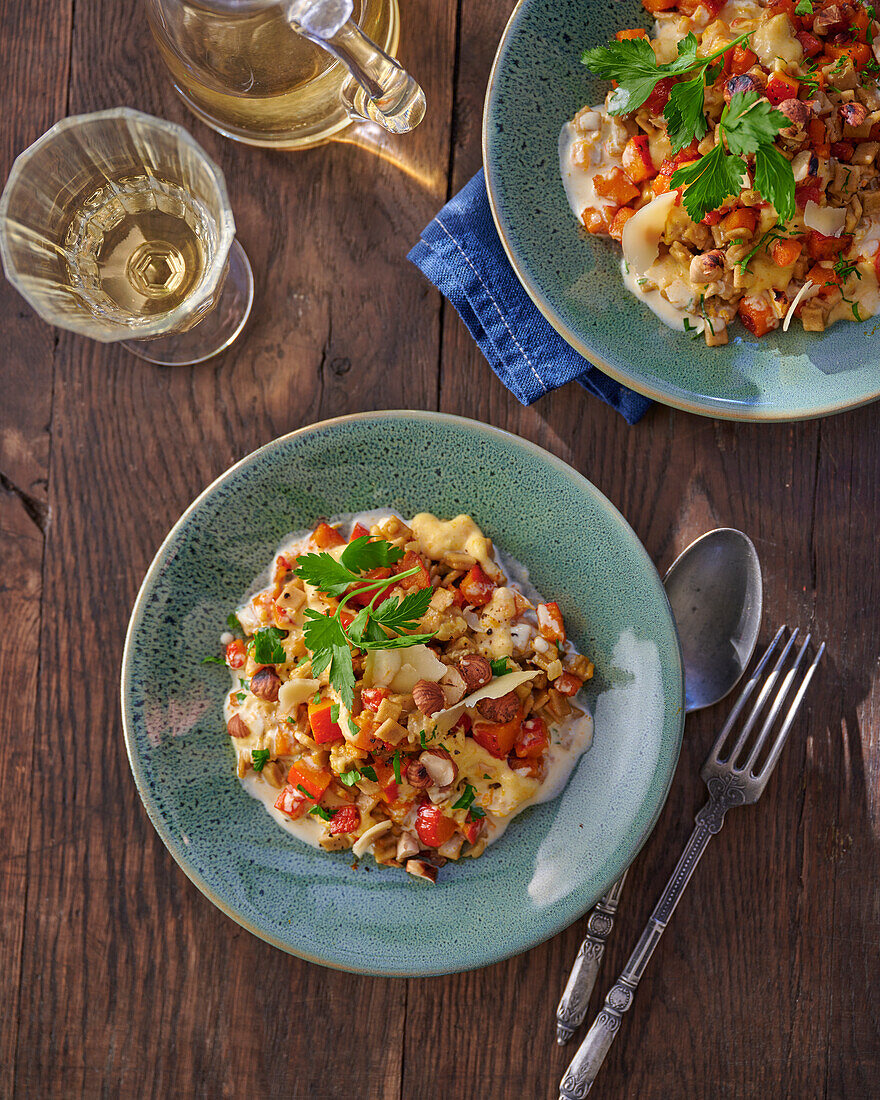 Pumpkin ragout with buckwheat croutons and hazelnuts