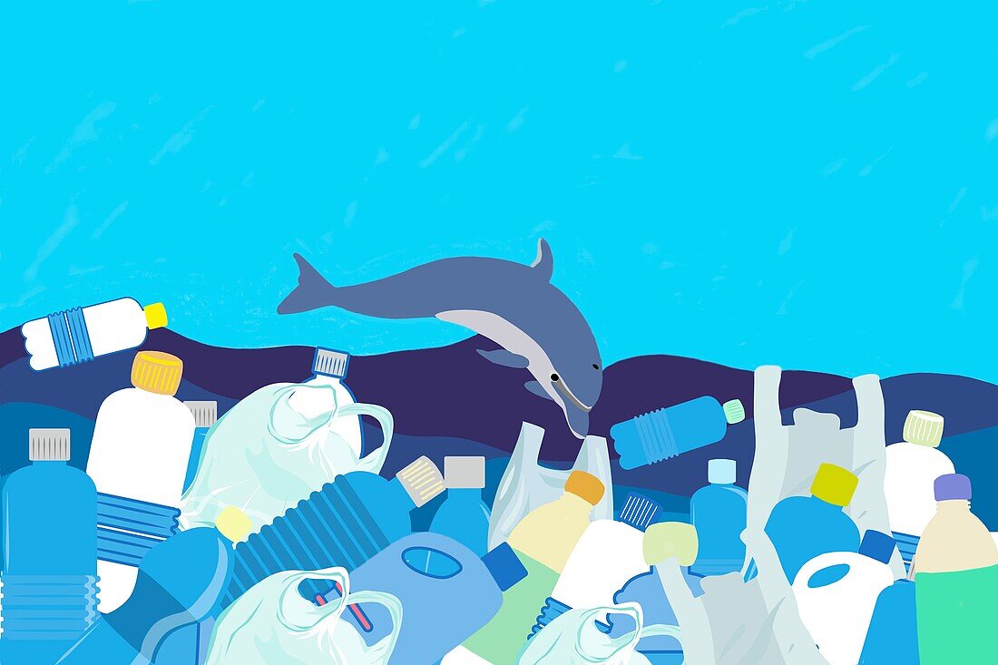 Ocean plastic pollution, conceptual illustration